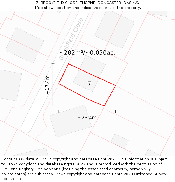 7, BROOKFIELD CLOSE, THORNE, DONCASTER, DN8 4AY: Plot and title map