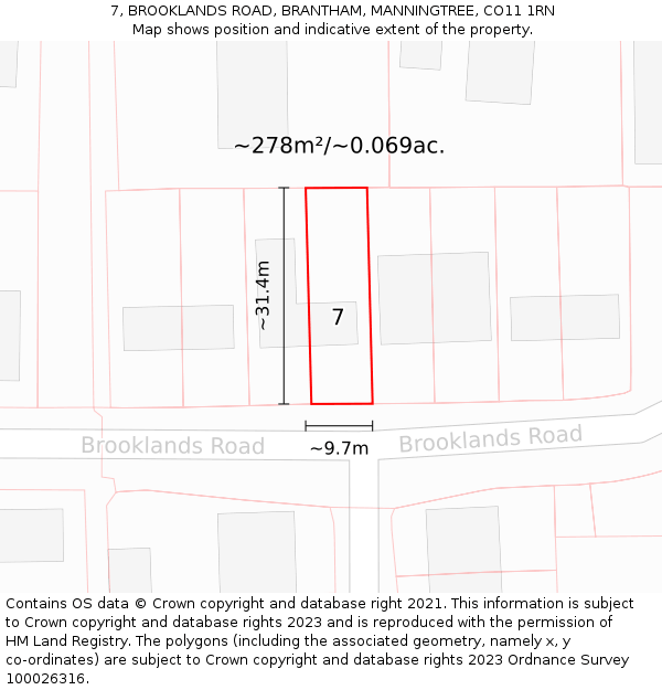 7, BROOKLANDS ROAD, BRANTHAM, MANNINGTREE, CO11 1RN: Plot and title map