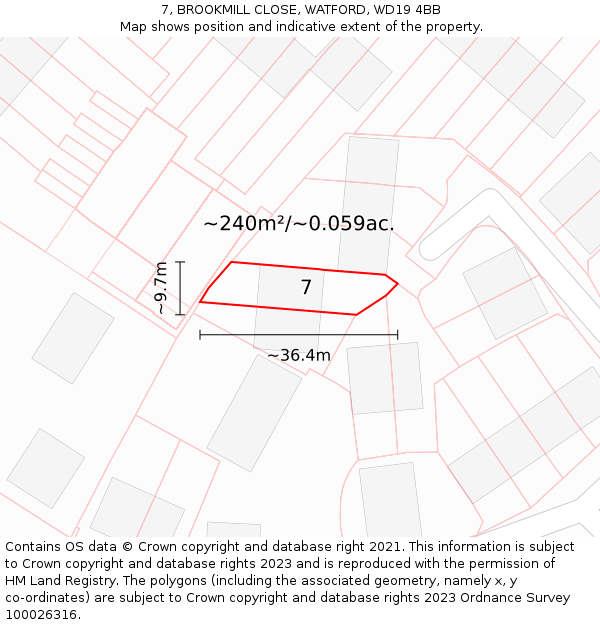 7, BROOKMILL CLOSE, WATFORD, WD19 4BB: Plot and title map