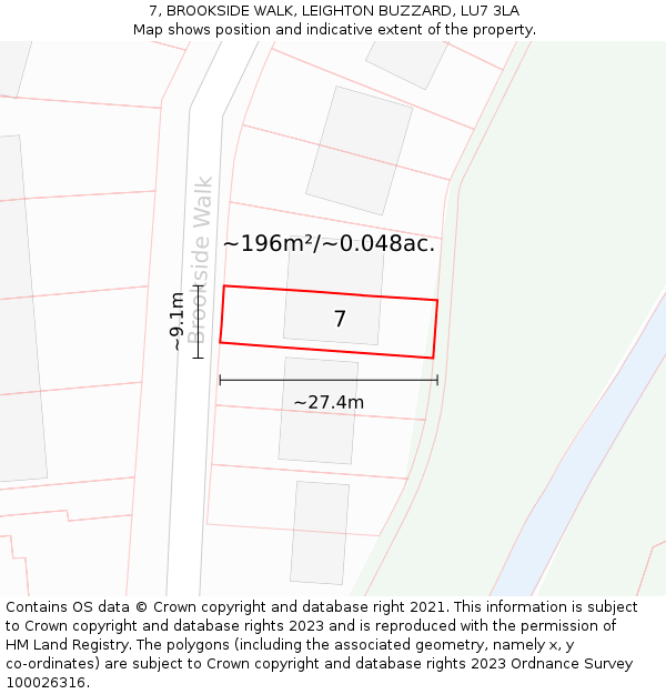 7, BROOKSIDE WALK, LEIGHTON BUZZARD, LU7 3LA: Plot and title map