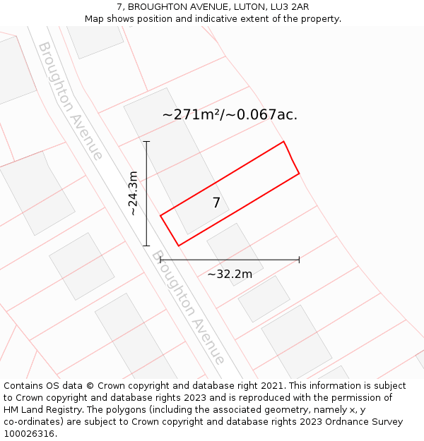 7, BROUGHTON AVENUE, LUTON, LU3 2AR: Plot and title map