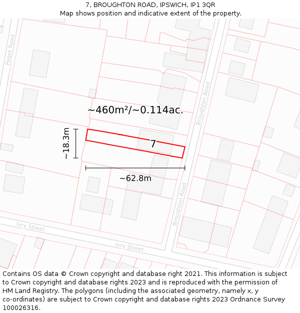 7, BROUGHTON ROAD, IPSWICH, IP1 3QR: Plot and title map
