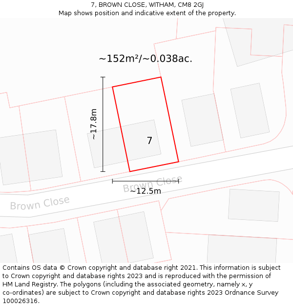 7, BROWN CLOSE, WITHAM, CM8 2GJ: Plot and title map