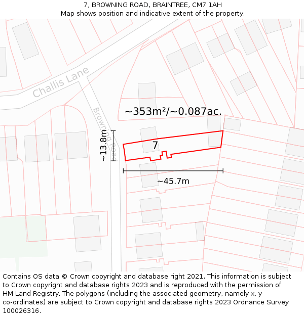 7, BROWNING ROAD, BRAINTREE, CM7 1AH: Plot and title map