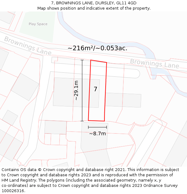 7, BROWNINGS LANE, DURSLEY, GL11 4GD: Plot and title map