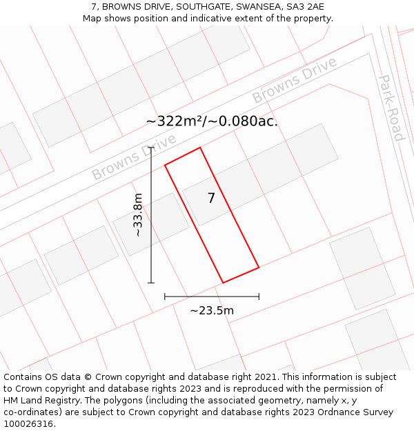 7, BROWNS DRIVE, SOUTHGATE, SWANSEA, SA3 2AE: Plot and title map