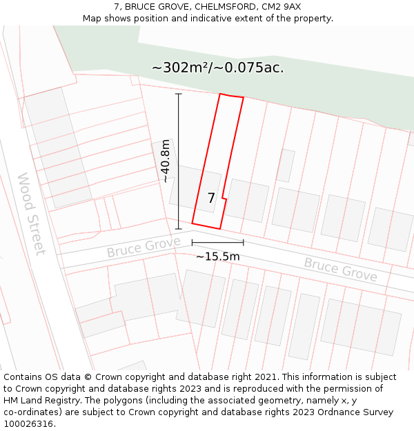 7, BRUCE GROVE, CHELMSFORD, CM2 9AX: Plot and title map