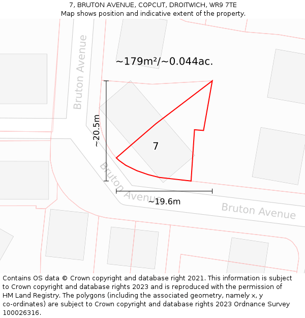 7, BRUTON AVENUE, COPCUT, DROITWICH, WR9 7TE: Plot and title map