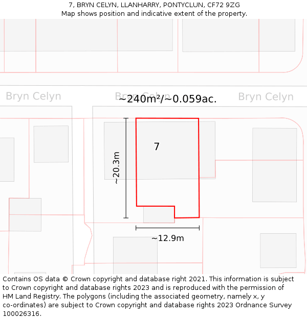7, BRYN CELYN, LLANHARRY, PONTYCLUN, CF72 9ZG: Plot and title map