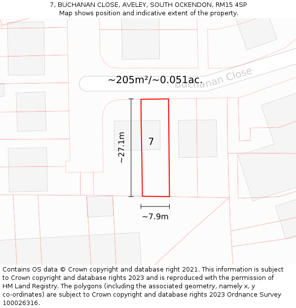 7, BUCHANAN CLOSE, AVELEY, SOUTH OCKENDON, RM15 4SP: Plot and title map