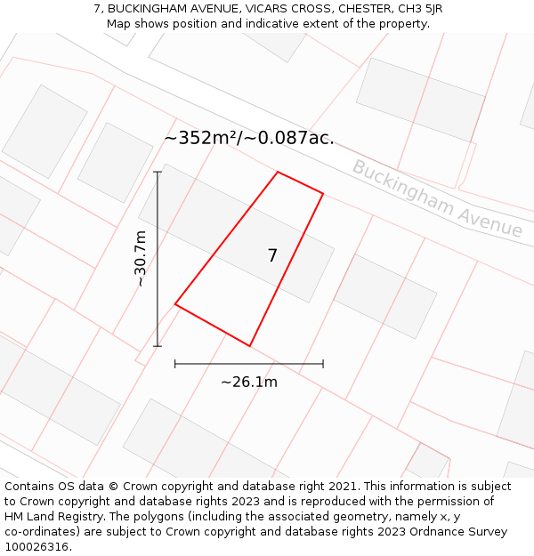 7, BUCKINGHAM AVENUE, VICARS CROSS, CHESTER, CH3 5JR: Plot and title map