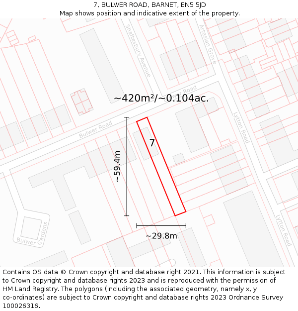 7, BULWER ROAD, BARNET, EN5 5JD: Plot and title map