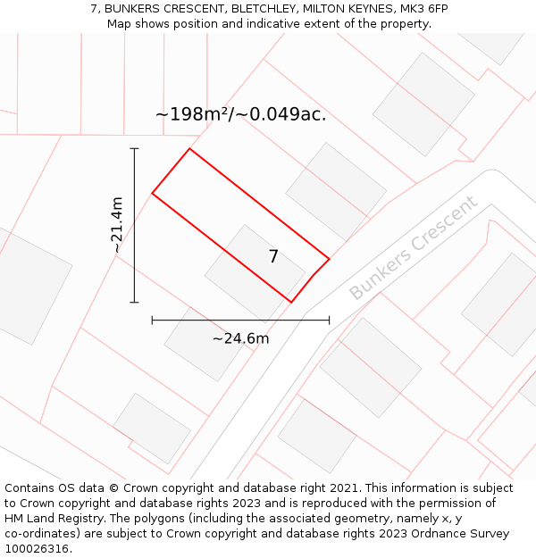 7, BUNKERS CRESCENT, BLETCHLEY, MILTON KEYNES, MK3 6FP: Plot and title map