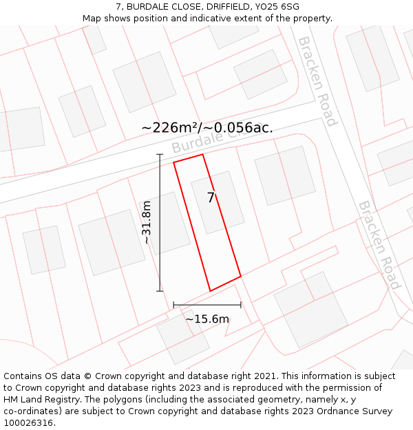 7, BURDALE CLOSE, DRIFFIELD, YO25 6SG: Plot and title map