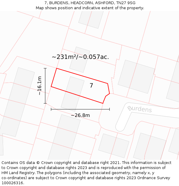 7, BURDENS, HEADCORN, ASHFORD, TN27 9SG: Plot and title map