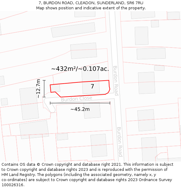 7, BURDON ROAD, CLEADON, SUNDERLAND, SR6 7RU: Plot and title map