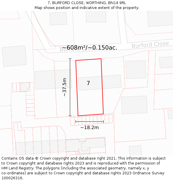 7, BURFORD CLOSE, WORTHING, BN14 9RL: Plot and title map