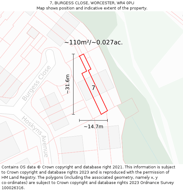 7, BURGESS CLOSE, WORCESTER, WR4 0PU: Plot and title map