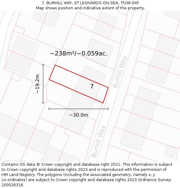 7, BURHILL WAY, ST LEONARDS-ON-SEA, TN38 0XP: Plot and title map