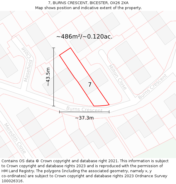 7, BURNS CRESCENT, BICESTER, OX26 2XA: Plot and title map
