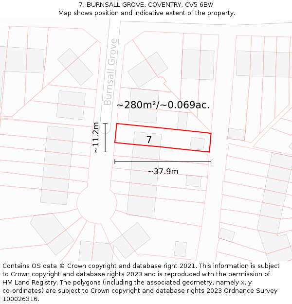 7, BURNSALL GROVE, COVENTRY, CV5 6BW: Plot and title map