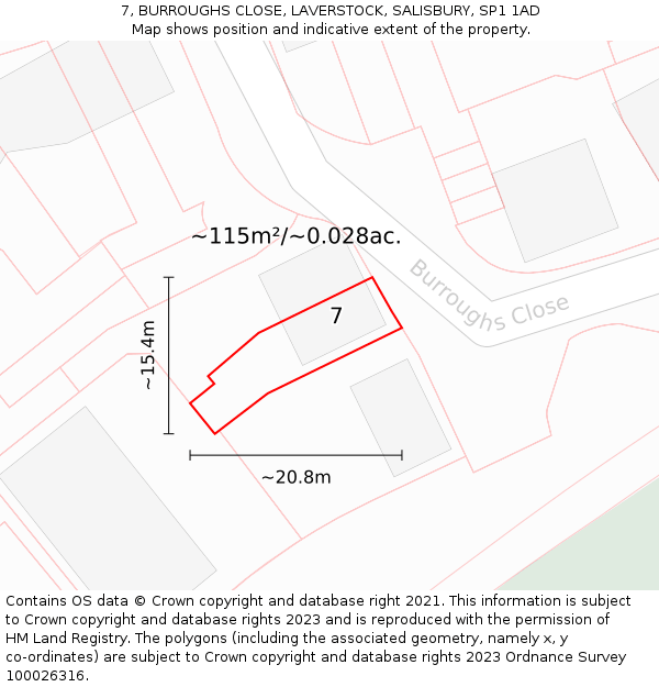7, BURROUGHS CLOSE, LAVERSTOCK, SALISBURY, SP1 1AD: Plot and title map