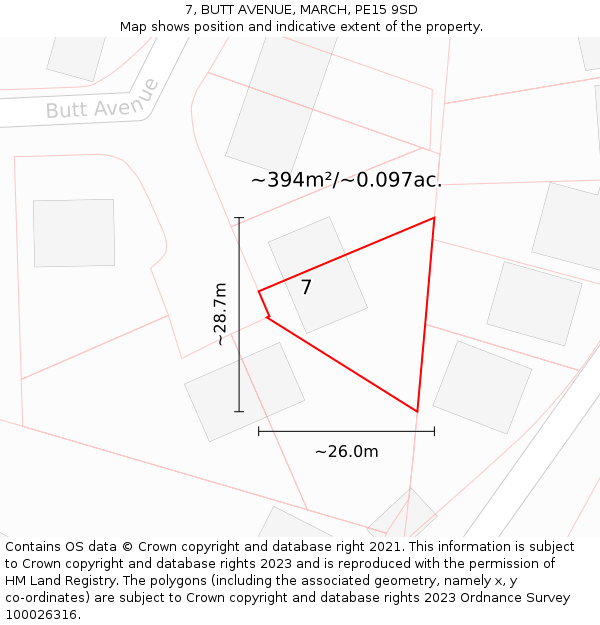 7, BUTT AVENUE, MARCH, PE15 9SD: Plot and title map