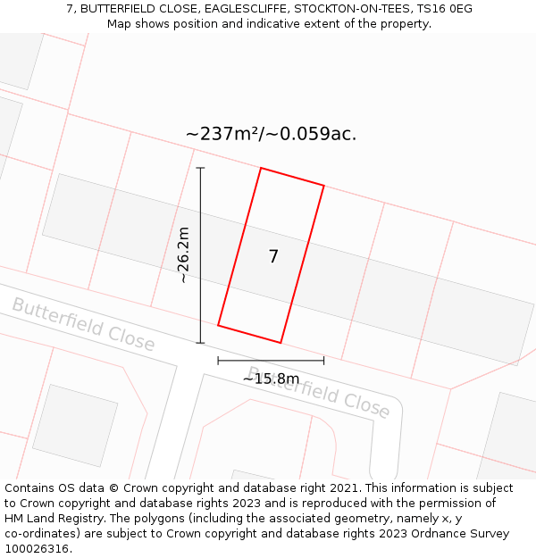7, BUTTERFIELD CLOSE, EAGLESCLIFFE, STOCKTON-ON-TEES, TS16 0EG: Plot and title map