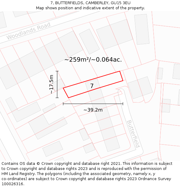 7, BUTTERFIELDS, CAMBERLEY, GU15 3EU: Plot and title map