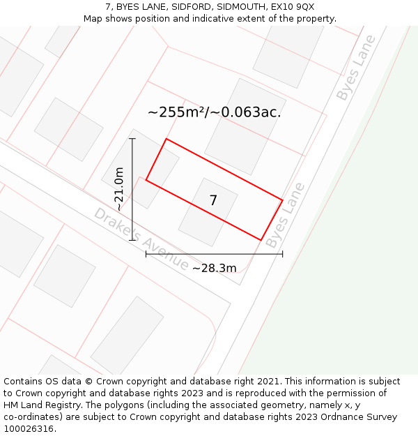 7, BYES LANE, SIDFORD, SIDMOUTH, EX10 9QX: Plot and title map