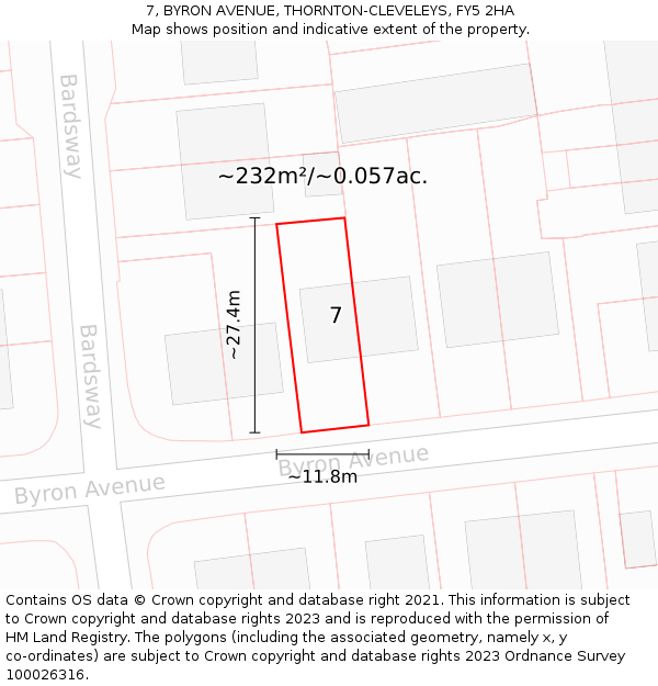 7, BYRON AVENUE, THORNTON-CLEVELEYS, FY5 2HA: Plot and title map