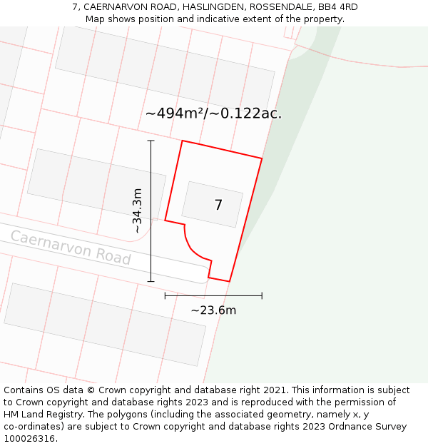 7, CAERNARVON ROAD, HASLINGDEN, ROSSENDALE, BB4 4RD: Plot and title map