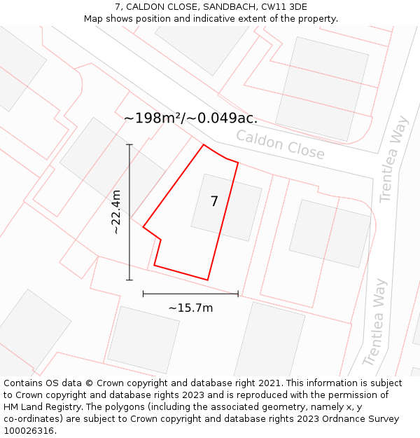 7, CALDON CLOSE, SANDBACH, CW11 3DE: Plot and title map