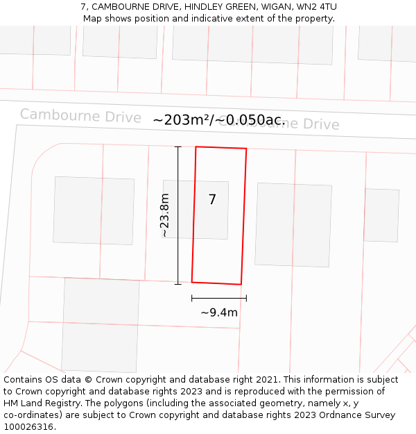 7, CAMBOURNE DRIVE, HINDLEY GREEN, WIGAN, WN2 4TU: Plot and title map