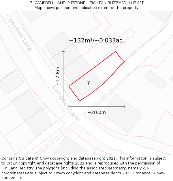 7, CAMPBELL LANE, PITSTONE, LEIGHTON BUZZARD, LU7 9FT: Plot and title map