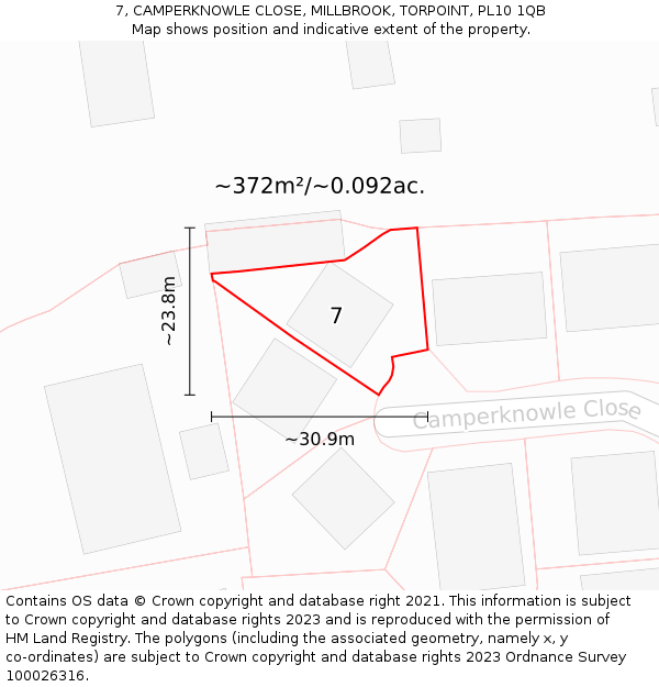 7, CAMPERKNOWLE CLOSE, MILLBROOK, TORPOINT, PL10 1QB: Plot and title map