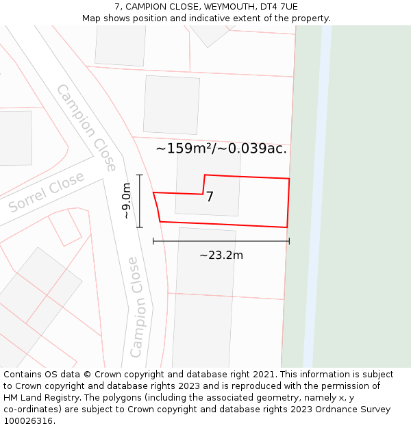 7, CAMPION CLOSE, WEYMOUTH, DT4 7UE: Plot and title map