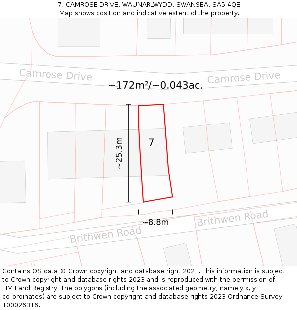 7, CAMROSE DRIVE, WAUNARLWYDD, SWANSEA, SA5 4QE: Plot and title map