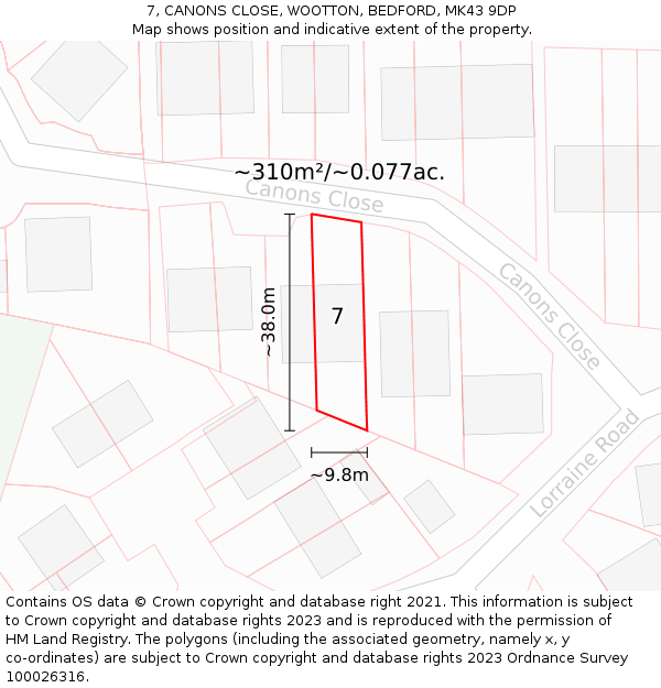 7, CANONS CLOSE, WOOTTON, BEDFORD, MK43 9DP: Plot and title map