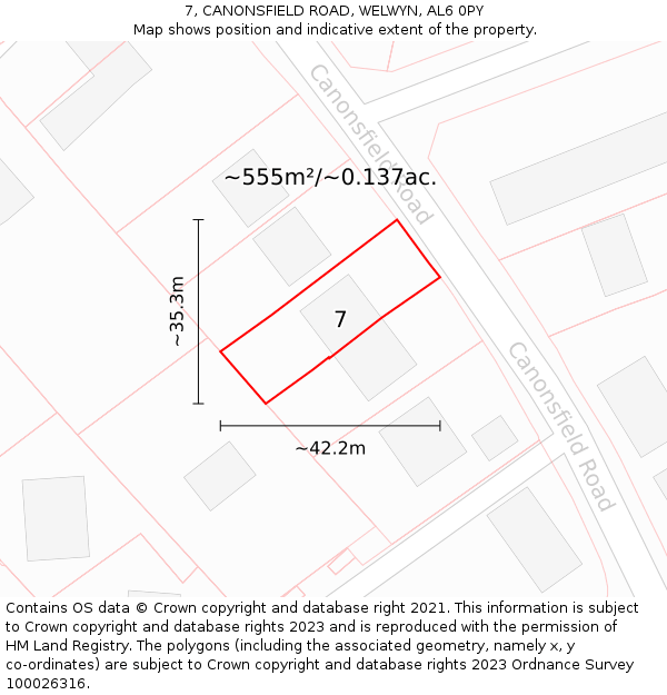 7, CANONSFIELD ROAD, WELWYN, AL6 0PY: Plot and title map