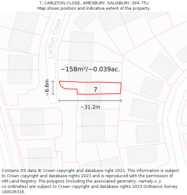 7, CARLETON CLOSE, AMESBURY, SALISBURY, SP4 7TU: Plot and title map