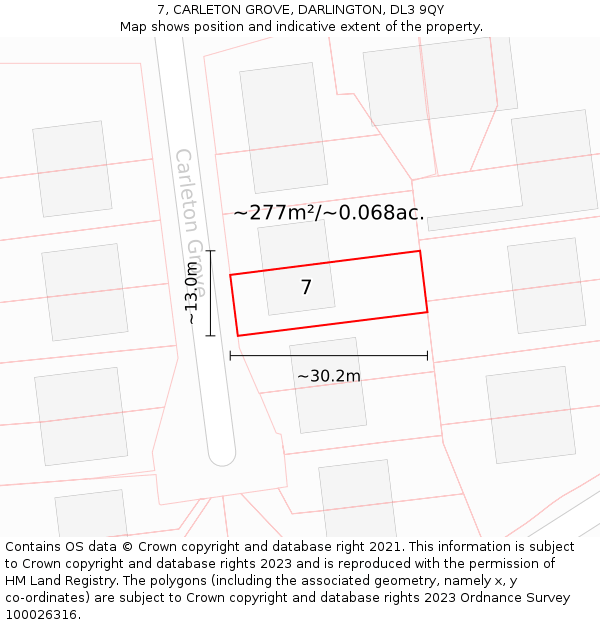 7, CARLETON GROVE, DARLINGTON, DL3 9QY: Plot and title map