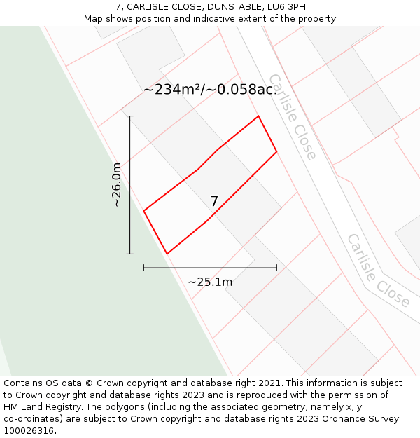 7, CARLISLE CLOSE, DUNSTABLE, LU6 3PH: Plot and title map