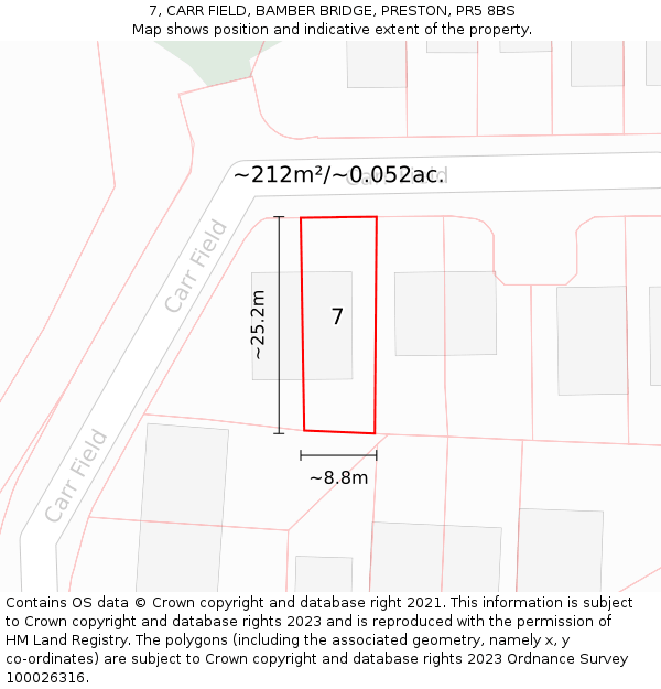 7, CARR FIELD, BAMBER BRIDGE, PRESTON, PR5 8BS: Plot and title map