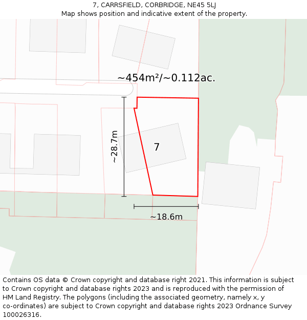 7, CARRSFIELD, CORBRIDGE, NE45 5LJ: Plot and title map