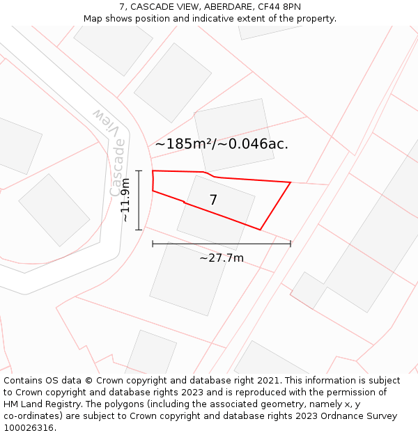 7, CASCADE VIEW, ABERDARE, CF44 8PN: Plot and title map