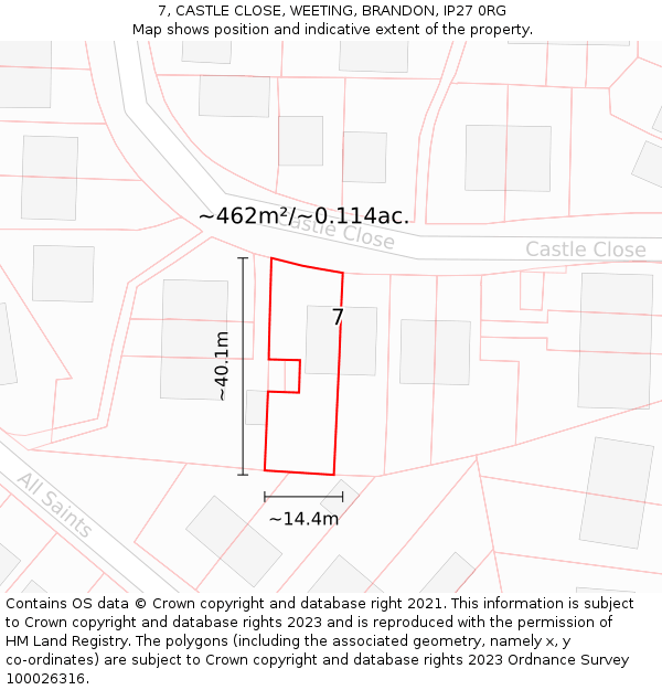 7, CASTLE CLOSE, WEETING, BRANDON, IP27 0RG: Plot and title map
