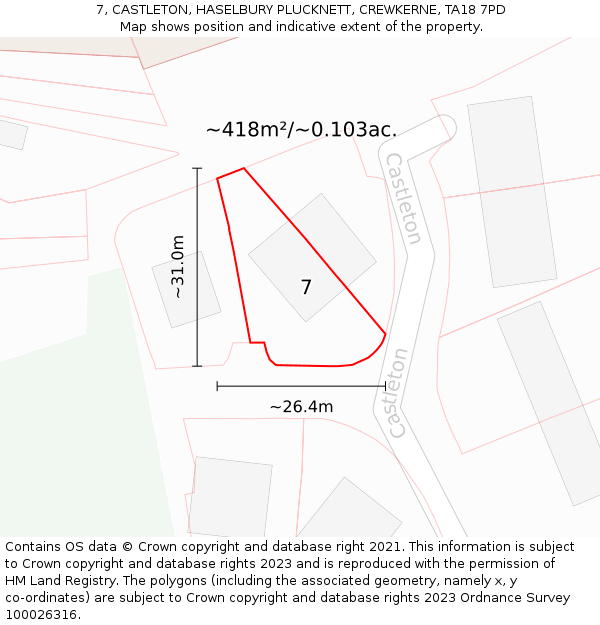 7, CASTLETON, HASELBURY PLUCKNETT, CREWKERNE, TA18 7PD: Plot and title map