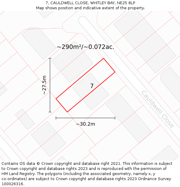 7, CAULDWELL CLOSE, WHITLEY BAY, NE25 8LP: Plot and title map