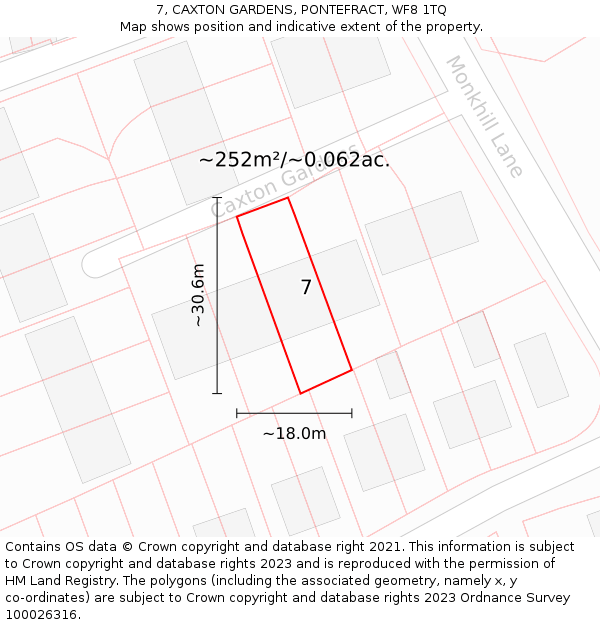 7, CAXTON GARDENS, PONTEFRACT, WF8 1TQ: Plot and title map